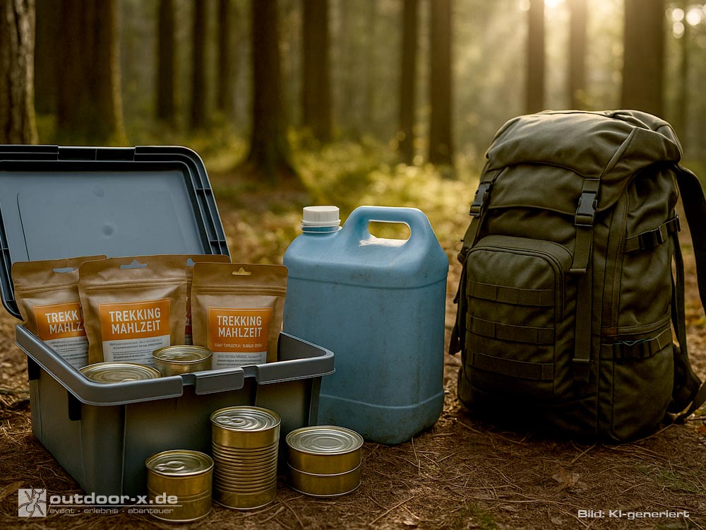 Das Bild zeigt eine geöffnete Vorratsbox für Prepping Krisenvorsorge mit Trekkingnahrung und Konservendosen, daneben einen blauen Wasserkanister und einen olivgrünen Fluchtrucksack im Wald, beleuchtet von Sonnenstrahlen zwischen den Bäumen.