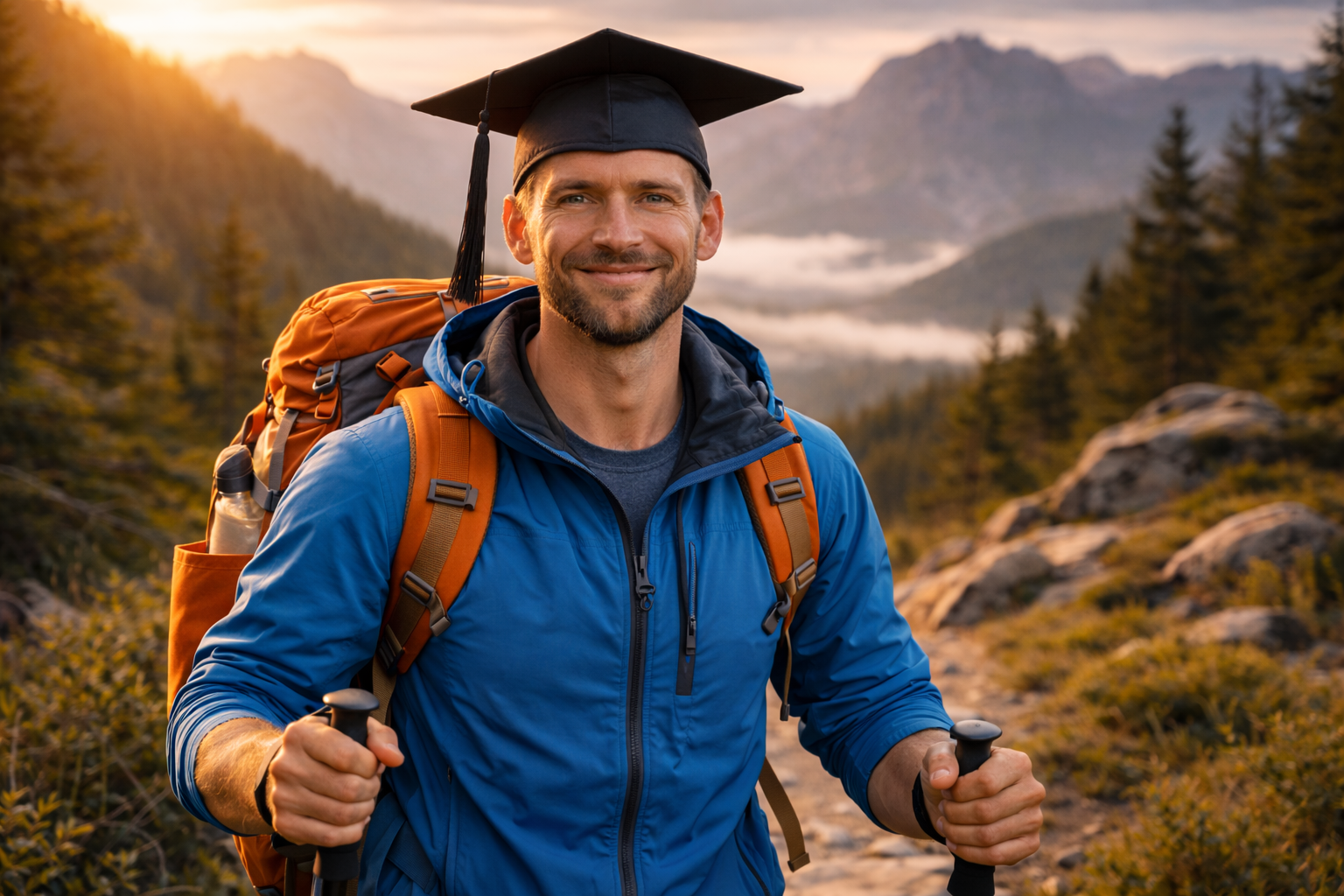 Sportlich gekleideter Wanderer mit blauer Trekkingjacke und orangem Rucksack steht auf einem Bergweg bei Sonnenuntergang und trägt eine Studentenmütze; im Hintergrund sind bewaldete Berge und Nebel zu sehen.