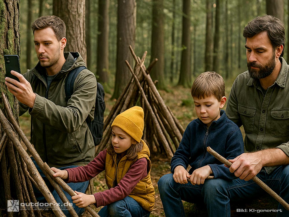 Das Bild zeigt eine Familie im Wald: Ein Vater schnitzt mit einem kleinen Messer an einem Ast, während sein Sohn gespannt zuschaut. Im Hintergrund baut ein Mädchen aus Ästen eine kleine Tipi-Bude, daneben fotografiert ein junger Mann einen Geocache. Sonnenlicht fällt durch das Blätterdach und beleuchtet die Szene, die natürliche Farben und eine lebendige Waldatmosphäre zeigt.