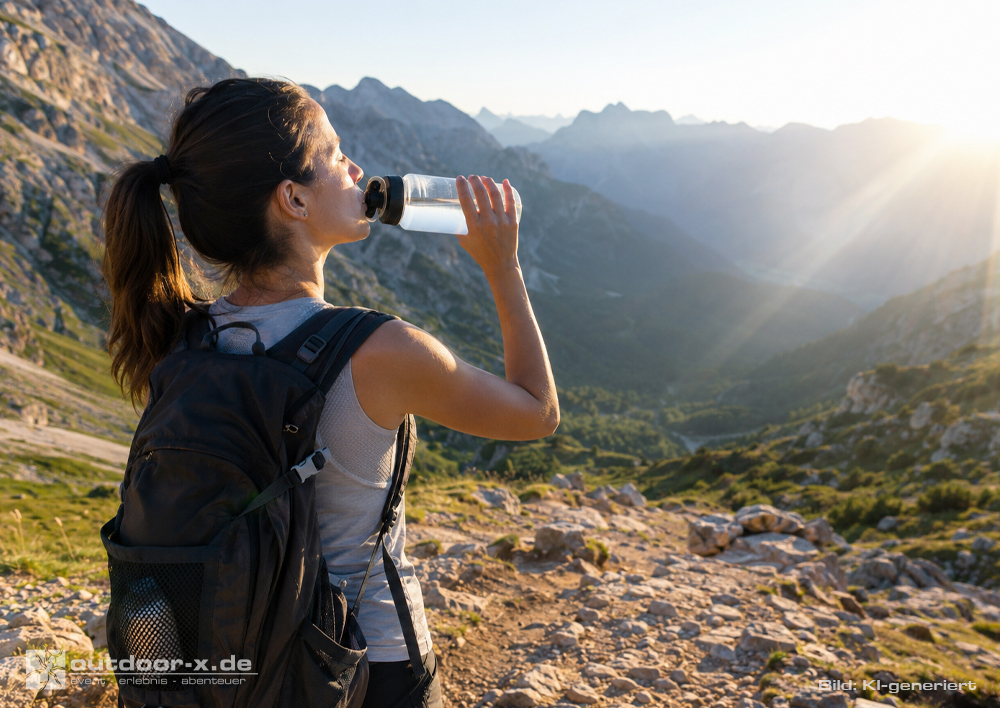 Wandern bei Hitze: Wanderin trinkt auf einem Bergpfad Wasser aus einer Trinkflasche und schützt sich bei über 30 Grad vor Dehydrierung.