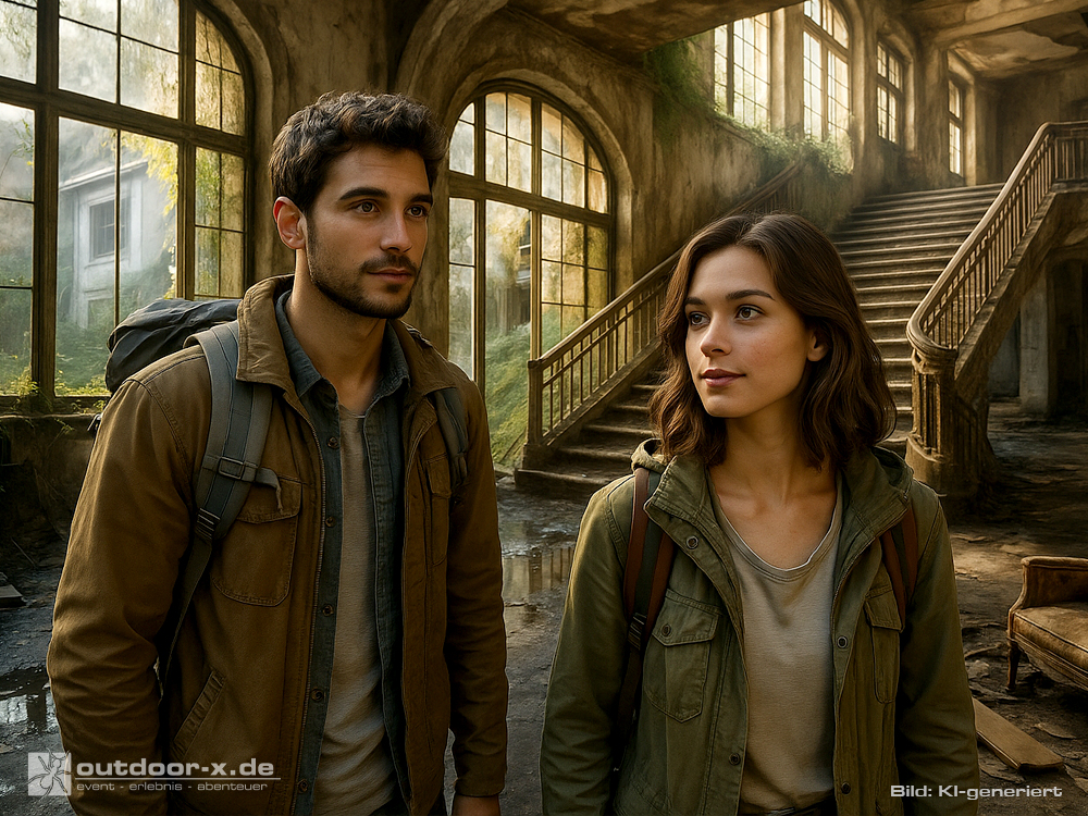 Lost Places Bayern: Anni und Kai stehen in einer verfallenen, lichtdurchfluteten Eingangshalle mit großer Treppe und erkunden den Lost Place.