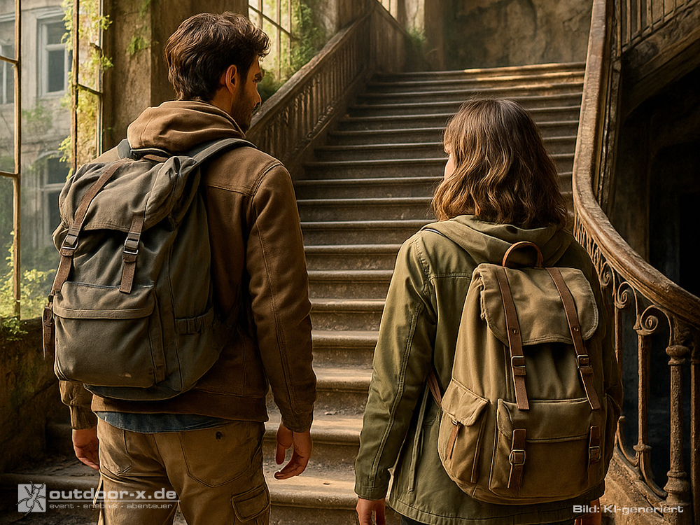 Lost Places Bayern: Anni und Kai steigen eine alte, verwitterte Treppe in einem verlassenen Gebäude hinauf.