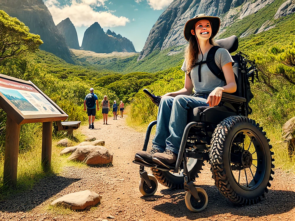 Das Bild zeigt eine Person mit Behinderung, die in einem geländegängigen Rollstuhl auf einem malerischen Wanderweg in einem Nationalpark unterwegs ist. Die Person lächelt und genießt die Natur, umgeben von grünen Bäumen, Bergen im Hintergrund und einem klaren blauen Himmel. In der Nähe befindet sich eine Informationstafel zur Barrierefreiheit im Park, während andere Wanderer in der Ferne sichtbar sind.