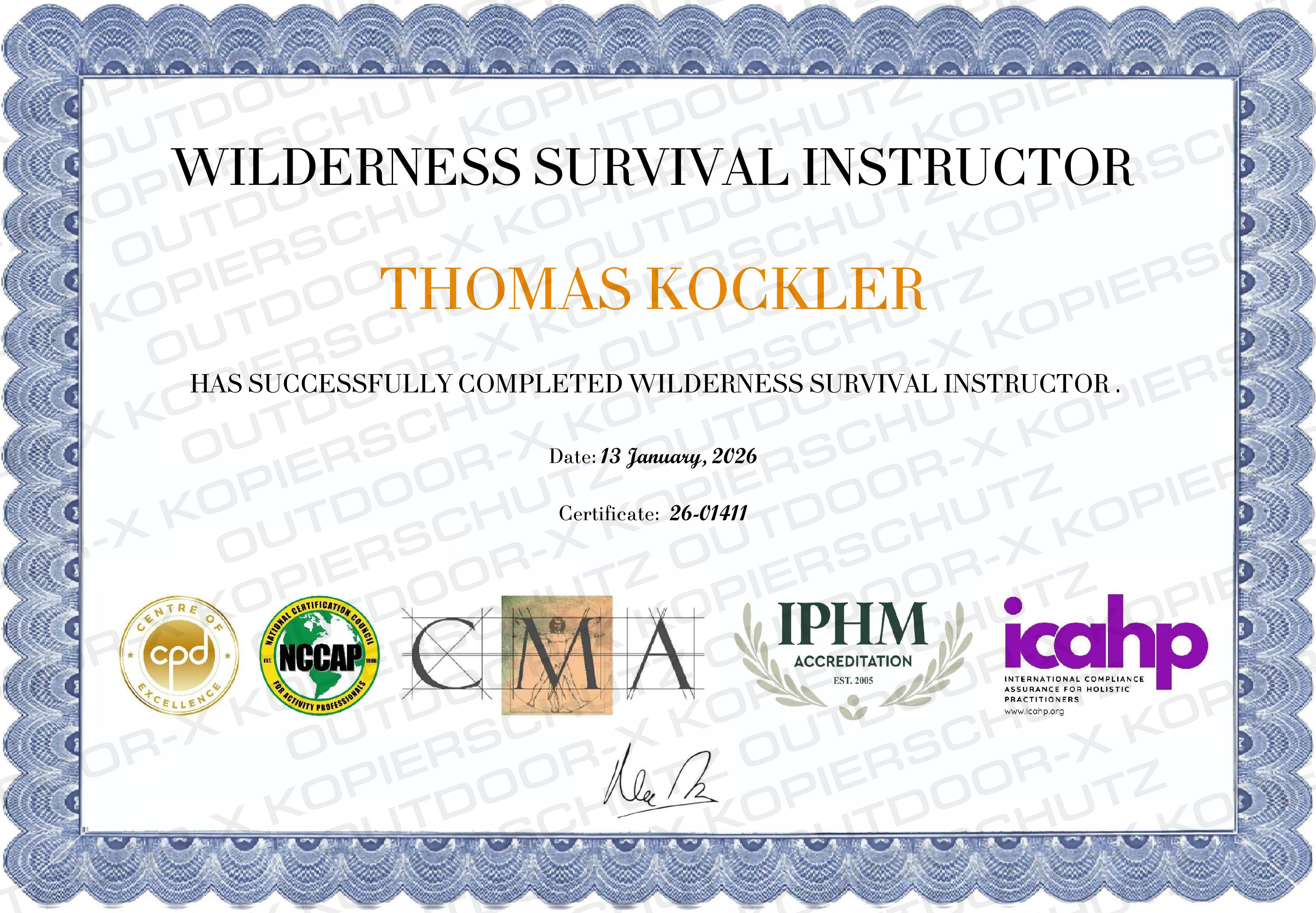 Zertifikat „Wilderness Survival Instructor“ für Thomas Kockler mit Ausstellungsdatum 13. Januar 2026 und Akkreditierungslogos.