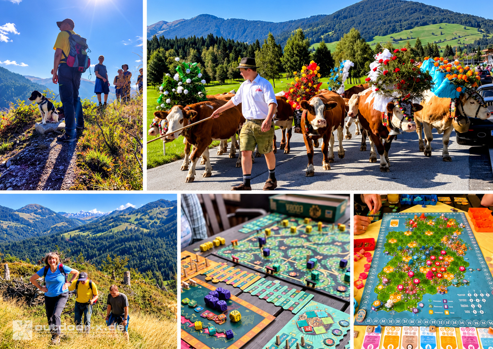 Fotocollage vom Spielewochenende in Tirol mit Wanderung in den Bergen, Almabtrieb mit geschmückten Kühen und verschiedenen Brettspielen.