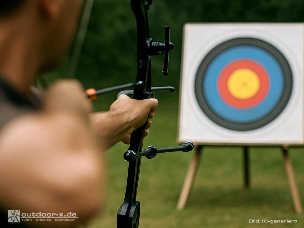 Unscharfer Bogenschütze im Vordergrund, der mit einem modernen Wettkampfrecurvebogen samt Visier und Stabilisatoren auf eine Zielscheibe zielt, die im Hintergrund zu sehen ist.