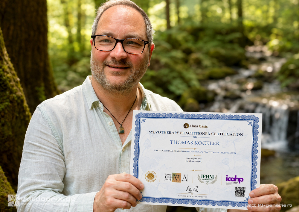 Kursleiter für Waldbaden Thomas Kockler mit seiner Sylvotherapy-Practitioner-Zertifizierung in einem ruhigen Wald