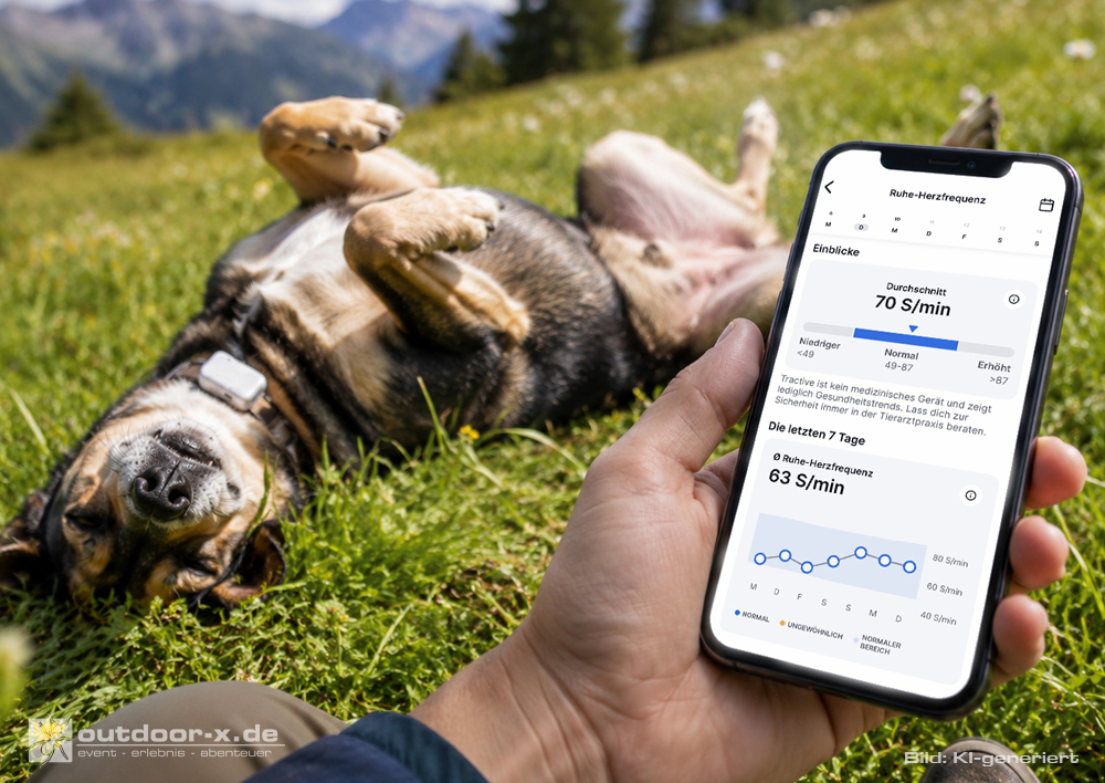Hund mit Tractive DOG 6 wälzt sich entspannt auf einer Bergwiese. Im Vordergrund zeigt ein Smartphone die Gesundheitsdaten und Ruheherzfrequenz in der Tractive-App. Die Szene steht für Wohlbefinden, Aktivität und moderne Gesundheitsüberwachung von Hunden.